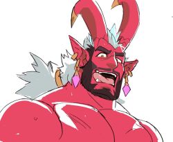 Rule 34 | 1boy, bara, beard, colored skin, curled horns, demon (saltypoundcake), demon boy, facial hair, full beard, hand fan, horns, large horns, large pectorals, looking at viewer, male focus, mature male, mismatched eyebrows, monster boy, muscular, muscular male, nude, original, pectorals, red skin, saltypoundcake, seductive smile, skin-covered horns, smile, solo, sweat, thick eyebrows, upper body, white hair