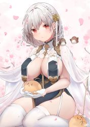 Rule 34 | 1girl, animal, animal on shoulder, azur lane, between breasts, bird, bird on shoulder, braid, breast curtain, breasts, cape, cherry blossoms, chick, dress, eyelashes, feet out of frame, flower, garter straps, gloves, grey hair, hair between eyes, hair flower, hair ornament, head tilt, highres, hiromaster sinta jh, holding, in palm, large breasts, looking at viewer, no shoes, pelvic curtain, petals, red eyes, rose, see-through, short hair, side braid, sirius (azur lane), sirius (azure horizons) (azur lane), sitting, skindentation, thighhighs, wariza, white cape, white flower, white gloves, white hair, white thighhighs, yellow flower, yellow rose