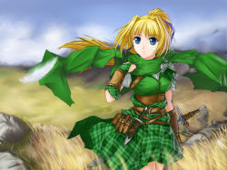 Rule 34 | 1girl, blonde hair, blue eyes, breasts, claymore (sword), dagger, feathers, female focus, gauntlets, grass, green scarf, hair ribbon, knife, long hair, medium breasts, nature, original, outdoors, plaid, plaid skirt, ponytail, quilt, ribbon, rock, sash, scarf, scenery, skirt, sky, solo, sword, tomw, weapon