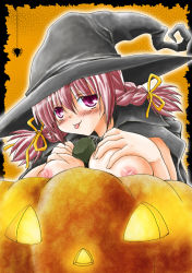 Rule 34 | :p, bad id, bad pixiv id, between breasts, breasts, cape, hair ribbon, hat, jack-o&#039;-lantern, large breasts, nipples, original, pumpkin, red eyes, red hair, ribbon, solo, takaha momo, tongue, tongue out, twintails, witch hat