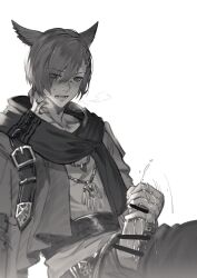 Rule 34 | 1boy, absurdres, animal ears, bar censor, blush, breath, cat ears, censored, collarbone, cowboy shot, cum, ejaculation, eyes visible through hair, facial mark, final fantasy, final fantasy xiv, g&#039;raha tia, greyscale, hair between eyes, hair ornament, highres, jacket, jewelry, looking down, male focus, male masturbation, masturbation, melonlove, miqo&#039;te, monochrome, neck tattoo, necklace, open mouth, pants, penis, penis out, scarf, shirt, short hair, shoulder belt, simple background, solo, sweatdrop, tattoo, white background, x hair ornament