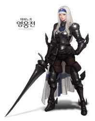 Rule 34 | 1girl, armor, armored boots, artnohearts, belt, blue eyes, boots, couter, gauntlets, hand on own hip, long hair, looking at viewer, mabinogi, mabinogi heroes, pauldrons, shadow, shoulder armor, simple background, solo, weapon, white background, white hair
