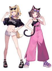 Rule 34 | 2girls, :q, absurdres, animal ears, armpits, bare shoulders, black bra, black shirt, blonde hair, bra, brown hair, cat ears, cat girl, cat tail, closed mouth, clothes writing, collarbone, colored inner hair, crop top, crop top overhang, eyewear on head, fox ears, fox girl, fox tail, full body, hand on own hip, hand up, heart, heart-shaped eyewear, highres, jumpsuit, kmnz, long legs, looking at viewer, mc lita, mc liz, midriff, multicolored hair, multiple girls, nail polish, navel, off-shoulder shirt, off shoulder, one eye closed, pink eyes, ponytail, purple eyes, sandals, shirt, short hair, short shorts, short sleeves, shorts, shugao, simple background, stomach, sunglasses, tail, thighs, toenail polish, toenails, tongue, tongue out, underwear, virtual youtuber, w, white background, white shorts