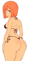 Rule 34 | 1girl, absurdres, alternate costume, ass, bare arms, bare shoulders, bikini, black bikini, black eyes, box wonderland, breasts, closed mouth, commentary, english commentary, highres, large breasts, looking back, mcdonald&#039;s, mother (yoru mac), medium hair, orange hair, short hair, simple background, smile, solo, swimsuit, white background, yoru mac