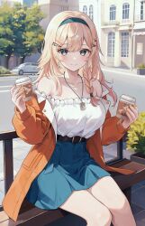 Rule 34 | 1girl, arched window, aria (ariacue), blonde hair, blue eyes, blue skirt, blush, breasts, closed mouth, coffee, coffee cup, collarbone, commentary request, cup, disposable cup, hair ornament, hairband, hairclip, highres, holding, holding cup, indie virtual youtuber, jacket, jewelry, looking at viewer, medium breasts, necklace, off-shoulder shirt, off shoulder, on bench, open clothes, open jacket, orange jacket, outdoors, shirt, sitting, skirt, smile, solo, tsubame (vtuber), virtual youtuber, white shirt, window
