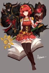 Rule 34 | 00s, 1girl, absurdres, annnna, black thighhighs, book, dungeon and fighter, highres, holding, holding book, looking at viewer, mage (dungeon and fighter), pleated skirt, pointy ears, red eyes, red hair, red skirt, short hair, skirt, solo, staff, summoner (dungeon and fighter), thighhighs