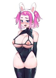 Rule 34 | 1girl, animal ears, artist logo, artist name, bare hips, bare shoulders, black gloves, black leotard, black thighhighs, blue eyes, blush, bob cut, bra, breasts, chromatic aberration, cleavage, commentary, cupless bra, ear piercing, elbow gloves, english commentary, gloves, groin, hairband, highres, large breasts, leotard, looking down, nervous smile, nipples, nose, open mouth, original, piercing, pink hair, rabbit ears, short bangs, simple background, smile, solo, stephringo, sweat, thick eyebrows, thighhighs, thighs, two side up, underwear, unzipping, white background, white hairband