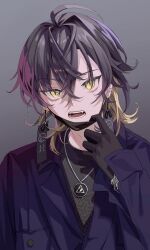 Rule 34 | 1boy, ahoge, bishounen, black gloves, black hair, blonde hair, earrings, facing viewer, fangs, gloves, gradient background, grey background, highres, holostars, jacket, jewelry, looking at viewer, mask, mouth mask, multicolored hair, multiple earrings, necklace, open mouth, purple jacket, roooongs, short hair, slit pupils, solo, two-tone hair, upper body, virtual youtuber, yatogami fuma, yellow eyes