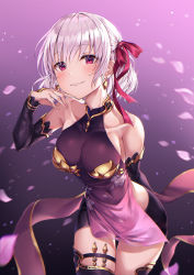 Rule 34 | 1girl, arm behind back, armlet, bare shoulders, black shorts, blush, breasts, collarbone, cowboy shot, detached sleeves, dress, earrings, fate/grand order, fate (series), gold trim, hair between eyes, hair ribbon, hand up, jewelry, kama (fate), kama (first ascension) (fate), leaning forward, looking at viewer, medium breasts, navel, parted lips, pelvic curtain, petals, purple dress, r o ha, red eyes, red ribbon, ribbon, short hair, shorts, sidelocks, sleeveless, smile, solo, thighhighs