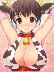 Rule 34 | 10s, 1girl, animal ears, animal print, armpits, arms up, bad id, bad pixiv id, bell, belt, bikini, black hair, blush, breasts, brown eyes, cleavage, collar, cow horns, cow print, cowbell, elbow gloves, gloves, headset, horns, idolmaster, idolmaster cinderella girls, large breasts, neck bell, oikawa shizuku, solo, swimsuit, totokichi