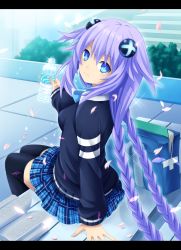 Rule 34 | 10s, 1girl, absurdres, alternate costume, blue eyes, book, bottle, braid, casual, cherry blossoms, hair ornament, highres, letterboxed, long hair, looking at viewer, looking back, neptune (neptunia), neptune (series), plaid, plaid skirt, planeptune, purple hair, purple heart (neptunia), resized, skirt, solo, symbol-shaped pupils, twin braids, very long hair, water bottle