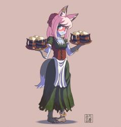 Rule 34 | 1girl, absurdres, alcohol, animal ears, anklet, apron, artist name, barefoot, barmaid, beer, beer mug, body fur, bracelet, breasts, cleavage, closed mouth, cup, dress, drink, ear piercing, earrings, fox, fox ears, fox tail, furry, furry female, german clothes, green dress, hair ribbon, highres, holding, holding tray, hoop earrings, jewelry, long hair, looking at viewer, michirutnk, mug, orange background, original, piercing, pink hair, ponytail, resolution mismatch, ribbon, sidelocks, simple background, solo, source smaller, tail, torn clothes, traditional clothes, tray, underbust, waist apron, waitress