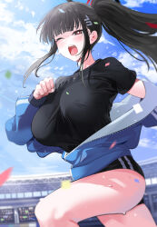 Rule 34 | 1girl, absurdres, alternate costume, black hair, black shirt, blue archive, blunt bangs, blush, breasts, buruma, confetti, gym uniform, hair ornament, hairclip, halo, highres, jacket, large breasts, long hair, one eye closed, open mouth, outdoors, partially unzipped, ponytail, red eyes, rio (blue archive), running, shirt, short sleeves, solo, sports festival, sweat, track jacket, very long hair, yuki (asayuki101), yuuka (blue archive), yuuka (track) (blue archive)