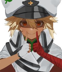Rule 34 | 1girl, bandaged arm, bandages, blonde hair, cloak, closed mouth, commentary, dark-skinned female, dark skin, fingerless gloves, flasso, gloves, guilty gear, guilty gear strive, hair between eyes, highres, index finger raised, long hair, looking at viewer, ramlethal valentine, red eyes, shaded face, simple background, single glove, smile, solo, upper body, white background, white cloak, white gloves, white headwear