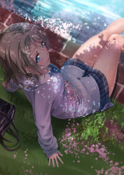 Rule 34 | 10s, 1girl, absurdres, arm support, bag, birthday, blue eyes, bow, bowtie, cardigan, cherry blossoms, dappled sunlight, from above, from behind, grass, happy birthday, highres, legs, light brown hair, light smile, long sleeves, looking back, love live!, love live! school idol festival, love live! sunshine!!, miniskirt, on ground, outdoors, petals, plaid, plaid skirt, poolside, school bag, school uniform, shade, short hair, shoulder bag, sitting, skirt, sleeves past wrists, solo, sunlight, tree shade, watanabe you, water, yuuki (nijiiro palette)