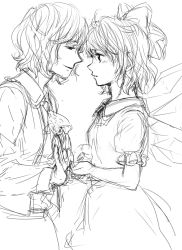 Rule 34 | 2girls, ascot, blush, bow, cirno, cohal, eye contact, face-to-face, greyscale, hair bow, kazami yuuka, looking at another, monochrome, multiple girls, profile, short hair, skirt, smile, touhou, vest, wings