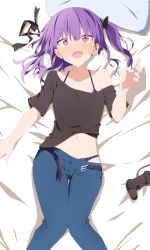 Rule 34 | 1girl, absurdres, aged up, bang dream!, bed sheet, belt, black ribbon, black shirt, blush, bra, bra peek, bra strap, clothes lift, clothes pull, commentary request, controller, denim, fang, feet out of frame, from above, game controller, gamepad, hair ribbon, heavy breathing, highres, jeans, kai3700, lace, lace-trimmed bra, lace-trimmed panties, lace trim, looking at viewer, lying, medium hair, navel, off shoulder, on back, on bed, one side up, open belt, open mouth, panties, pants, pants pull, panty peek, pillow, purple bra, purple eyes, purple hair, purple panties, ribbon, shirt, shirt lift, short sleeves, solo, stomach, sweat, t-shirt, udagawa ako, underwear, untied
