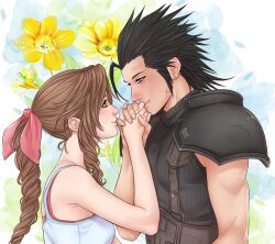 Rule 34 | 1boy, 1girl, aerith gainsborough, armor, black hair, blue eyes, braid, braided ponytail, brown hair, closed mouth, commentary, couple, crisis core final fantasy vii, crylin6, dress, earrings, eye contact, facial scar, final fantasy, final fantasy vii, floral background, flower, from side, green eyes, hair ribbon, height difference, highres, holding hands, jewelry, long hair, looking at another, pink ribbon, ribbon, scar, scar on cheek, scar on face, shoulder armor, sidelocks, sleeveless, sleeveless dress, sleeveless turtleneck, smile, spiked hair, stud earrings, sunflower, sweater, symbol-only commentary, turtleneck, turtleneck sweater, upper body, white dress, zack fair