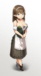 Rule 34 | 1girl, apron, bare shoulders, blue eyes, boots, braid, breasts, brown hair, choker, cleavage, closed mouth, elf, full body, gradient background, hairband, highres, houtengeki, large breasts, long skirt, medium hair, off-shoulder shirt, off shoulder, original, own hands together, pointy ears, shadow, shirt, side braid, skirt, smile, solo, standing, waist apron