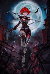 Rule 34 | 1990s (style), 1girl, arm blade, armored boots, black bodysuit, black gloves, bloodrayne, bloodrayne (videogame), bodysuit, boots, breasts, cleavage, commentary, curvy, david liu, dhampir, dual wielding, english commentary, full body, full moon, gloves, graveyard, half-human, headband, highres, holding, knee pads, large breasts, moon, night, official art, pale skin, red eyes, red hair, red lips, retro artstyle, short hair, solo, undead, vampire, weapon, wide hips