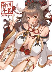 Rule 34 | 1girl, 2021, absurdres, animal ears, breast curtains, breasts, brown hair, cleavage, cow ears, cow girl, cow horns, croriin, detached collar, highres, horns, kouhaku nawa, large breasts, long hair, looking at viewer, navel, new year, original, ribbon, rope, shimenawa, simple background, sitting, solo, thigh strap, v, white background, wide sleeves, yellow eyes