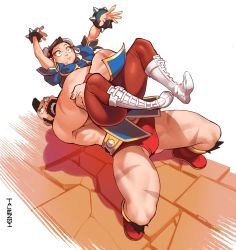 Rule 34 | 1boy, 1girl, beard, bracelet, bulging eyes, bun cover, capcom, chinese clothes, chun-li, conto, facial hair, fighting, highres, jewelry, mohawk, muscular, open mouth, pantyhose, spiked bracelet, spikes, street fighter, street fighter v, suplex, zangief