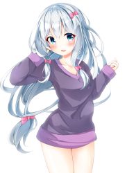 Rule 34 | 10s, 1girl, absurdres, blue eyes, blue hair, blush, bow, cucchiore, eromanga sensei, hair bow, highres, izumi sagiri, long hair, long sleeves, looking to the side, pink bow, simple background, solo, white background