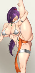 Rule 34 | 1girl, arm up, bikini, bikini top only, blush, breasts, choker, cleavage, clothing aside, collar, dancer&#039;s costume (dq), dragon quest, dragon quest xi, female focus, gem, holding leg, large breasts, leg up, loincloth, loincloth aside, looking at viewer, martina (dq11), naughty face, pelvic curtain, pelvic curtain aside, ponytail, purple hair, seductive smile, smile, solo, split, standing, standing on one leg, standing split, sweat, swimsuit, tanaken, thigh strap