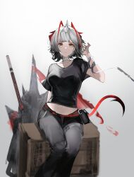 Rule 34 | 1girl, absurdres, antennae, arknights, black shirt, black shorts, commentary, eugle na, feet out of frame, gradient background, grey background, grey hair, grey pantyhose, highres, horns, midriff, navel, official alternate costume, pantyhose, pouch, shirt, short hair, short shorts, short sleeves, shorts, sitting, solo, tail, w (arknights), w (fugue) (arknights), yellow eyes