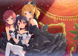 Rule 34 | 10s, 3girls, 6u (eternal land), ayase eli, bare shoulders, bibi (love live!), black dress, black gloves, black hair, blonde hair, blue eyes, bow, collarbone, couch, curtains, double m/, dress, elbow gloves, girl sandwich, gloves, hair bow, hand on another&#039;s shoulder, looking at viewer, love live!, love live! school idol project, m/, multiple girls, nico nico nii, nishikino maki, open mouth, ponytail, red eyes, red hair, sandwiched, sitting, smile, strapless, strapless dress, thighhighs, twintails, white dress, white gloves, white legwear, yazawa nico, zettai ryouiki