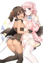 Rule 34 | 2girls, :d, ass, bare shoulders, black gloves, black legwear, black panties, blush, bow, bowtie, breasts, brown hair, cleavage, collar, commentary request, curly hair, demon girl, demon horns, demon tail, demon wings, detached sleeves, garter belt, gloves, hand up, highres, horns, juliet sleeves, kneeling, large breasts, lingerie, long hair, long sleeves, looking at viewer, multiple girls, open mouth, panties, parted lips, pink hair, pointy ears, puffy sleeves, purple eyes, red eyes, see-through, side-tie panties, sidelocks, sino (sionori), sitting, small breasts, smile, demon girl, succubus-san no hatsu shigoto, tail, thighhighs, thighs, twintails, underwear, white legwear, white panties, wings