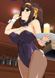 Rule 34 | 1girl, alcohol, animal ears, armpit peek, bare shoulders, beer, beer mug, black bow, black bowtie, black leotard, bottle, bow, bowtie, breasts, brown eyes, brown hair, brown pantyhose, cleavage, collar, collarbone, covered navel, cowboy shot, cup, detached collar, dutch angle, fake animal ears, fake tail, hair between eyes, hair bow, hairband, hand up, haruhisky, highres, holding, holding tray, indoors, large breasts, leotard, licking, licking finger, light, light blush, long hair, looking at viewer, mug, open mouth, orange bow, orange hairband, pantyhose, playboy bunny, profile, rabbit ears, rabbit tail, sidelocks, solo, standing, strapless, strapless leotard, suzumiya haruhi, suzumiya haruhi no yuuutsu, tail, tongue, tongue out, tray, white collar, wine bottle, wrist cuffs