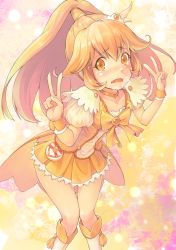 Rule 34 | 10s, 1girl, blush, boots, bow, brooch, choker, cure peace, double v, dress, eyelashes, hair flaps, hair ornament, heavy breathing, jewelry, kanini, kise yayoi, leaning forward, long hair, magical girl, open mouth, pocket, ponytail, precure, skirt, smile precure!, solo, tears, v, wavy mouth, wet, wide ponytail, wrist cuffs, yellow bow, yellow dress, yellow eyes, yellow skirt, yellow theme