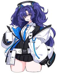Rule 34 | 1girl, absurdres, belt, belt pouch, black halo, black skirt, black suit, blue archive, blue jacket, blue necktie, collared shirt, cup, dr yamero, formal, grin, halo, highres, holding, holding cup, id card, jacket, long hair, miniskirt, mug, necktie, off shoulder, open clothes, open jacket, pleated skirt, pouch, purple eyes, purple hair, shirt, skirt, smile, solo, stress, suit, two-sided fabric, two-sided jacket, two side up, white background, white belt, white jacket, white shirt, yuuka (blue archive)