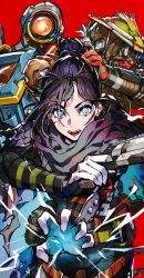 Rule 34 | 1girl, 2others, animification, apex legends, bloodhound (apex legends), blue eyes, character request, gun, hair bun, handgun, highres, holding, holding gun, holding weapon, humanoid robot, looking at viewer, mika pikazo, multiple others, open mouth, pistol, purple hair, red background, robot, simple background, single hair bun, solo, weapon, wraith (apex legends)