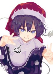 Rule 34 | 1girl, absurdres, blue eyes, blue hair, breasts, doremy sweet, double v, dress, hair between eyes, hat, highres, looking at viewer, nightcap, pom pom (clothes), santa hat, smile, solo, totopepe888, touhou, upper body, v