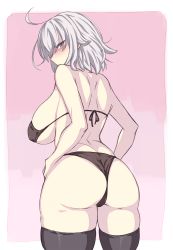 Rule 34 | 1girl, absurdres, ahoge, alternate costume, ass, bare shoulders, bikini, black bikini, black thighhighs, blush, breasts, commentary request, fate (series), highres, ishibori eregomos, jeanne d&#039;arc (fate), jeanne d&#039;arc alter (avenger) (fate), jeanne d&#039;arc alter (fate), large breasts, looking at viewer, pink background, short hair, sideboob, silver hair, swimsuit, thighhighs, thighs, yellow eyes