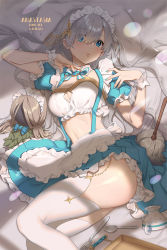 Rule 34 | 1girl, alternate costume, anastasia (fate), apron, artist name, blue eyes, blue nails, blush, breasts, character name, cleavage, cleavage cutout, clothing cutout, collarbone, crop top, cup, enmaided, eyes visible through hair, fate/grand order, fate (series), fork, grey hair, hair over one eye, highres, long hair, looking at viewer, lucidsky, lying, maid, maid apron, maid headdress, medium breasts, midriff, nail polish, on back, parted lips, solo, spoon, suspenders, teacup, thighhighs, thighs, very long hair, viy (fate), white thighhighs, window shadow
