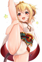 Rule 34 | 1girl, andira (granblue fantasy), animal ears, blonde hair, blush, breasts, detached sleeves, erune, granblue fantasy, highleg, highleg leotard, highres, leotard, looking at viewer, monkey ears, monkey girl, monkey tail, open mouth, orange eyes, short hair, simple background, smile, split, tail, thighs, tomo (tmtm mf mf), two side up, white background