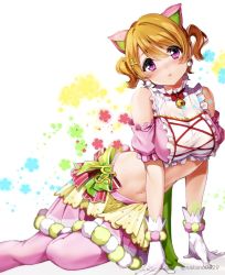Rule 34 | 1girl, alternate hairstyle, animal ears, bare shoulders, blonde hair, blush, breasts, clip, fake animal ears, gloves, hair ornament, hairclip, highres, koizumi hanayo, large breasts, looking at viewer, love live!, love live! school idol project, midriff, nakano maru, navel, neck bell, pantyhose, pink eyes, pink pantyhose, short hair, short twintails, sitting, solo, twintails, twitter username, white background, white gloves