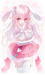 Rule 34 | 1girl, :d, animal ears, bow, breasts, cleavage, cleavage cutout, clothing cutout, commentary, floral background, flower, fur-trimmed sleeves, fur trim, hair between eyes, hair bow, hand up, highres, large breasts, layered skirt, long hair, long sleeves, looking at viewer, open mouth, original, pink flower, pink hair, pleated skirt, rabbit ears, red eyes, red skirt, skirt, smile, solo, symbol-only commentary, tandohark, thighhighs, very long hair, white bow, white thighhighs