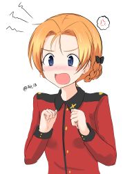 Rule 34 | 1girl, absurdres, aikir (jml5160), anger vein, blue eyes, blush, braid, breasts, clenched hand, commentary, french braid, girls und panzer, highres, nose blush, orange hair, orange pekoe (girls und panzer), small breasts, solo, spoken anger vein, st. gloriana&#039;s military uniform, twitter username, upper body