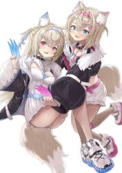 Rule 34 | 2girls, animal ear fluff, animal ears, belt, belt collar, black collar, black jacket, blonde hair, blue belt, blue eyes, blue hair, blush, breasts, cleavage, cleavage cutout, clothing cutout, collar, cropped jacket, cropped shirt, dog ears, dog girl, dog tail, dress, fake claws, fang, fur-trimmed jacket, fur trim, fuwawa abyssgard, fuwawa abyssgard (1st costume), hair ornament, hairpin, headphones, headphones around neck, highres, hololive, hololive english, jacket, large breasts, long hair, looking at viewer, medium hair, mg42cat-k1ng, mococo abyssgard, mococo abyssgard (1st costume), multicolored hair, multiple girls, open mouth, pink belt, pink eyes, pink hair, shirt, shoes, short shorts, shorts, siblings, sisters, skin fang, small breasts, sneakers, spiked collar, spikes, streaked hair, tail, twins, virtual youtuber, white dress, white footwear, white shirt, white shorts, x hair ornament