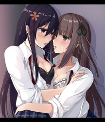 Rule 34 | 2girls, after kiss, black bra, black hair, blush, bra, breasts, brown hair, cleavage, collared shirt, face-to-face, flower, grey eyes, hair between eyes, hair flower, hair ornament, hair ribbon, hug, indoors, lace, lace-trimmed bra, lace trim, letterboxed, long sleeves, looking at another, medium breasts, multiple girls, neck ribbon, necktie, open clothes, open mouth, open shirt, original, purple eyes, red neckwear, ribbon, sakuramochi usa, saliva, saliva trail, school uniform, shadow, shirt, sidelocks, skirt, straight hair, tongue, underwear, undone neck ribbon, undone necktie, uniform, upper body, white shirt, yuri