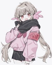 Rule 34 | 1girl, :d, black scarf, black skirt, cowboy shot, hair ornament, hand up, highres, light blush, light brown hair, long hair, long sleeves, looking at viewer, low twintails, natori sana, noyama (prosiuttooishi), open mouth, pink armband, pink eyes, pink sweater, pleated skirt, rabbit hair ornament, safety pin, sana channel, scarf, simple background, skirt, smile, solo, sweater, twintails, white background
