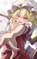 Rule 34 | 1girl, back bow, blonde hair, bow, cow, crystal, fangs, flandre scarlet, frilled sleeves, frills, hair between eyes, hat, hat ribbon, head tilt, highres, large bow, looking at viewer, mahoro (minase mahoro), medium hair, multicolored wings, nail polish, open mouth, outstretched arm, puffy short sleeves, puffy sleeves, red eyes, red nails, red ribbon, red skirt, red vest, ribbon, sharp teeth, shirt, short sleeves, simple background, skirt, skirt set, sleeve ribbon, solo, teeth, touhou, v-shaped eyebrows, vest, white background, white bow, white hat, white shirt, wings