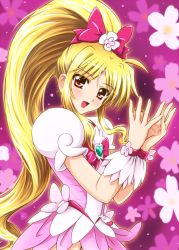 Rule 34 | 1girl, blonde hair, brooch, cosplay, cure blossom, cure blossom (cosplay), diesel-turbo, fate testarossa, floral background, heart, heart brooch, heartcatch precure!, high ponytail, jewelry, long hair, lyrical nanoha, mahou shoujo lyrical nanoha, mizuki nana, pink background, pink theme, ponytail, precure, red eyes, skirt, voice actor connection, wrist cuffs