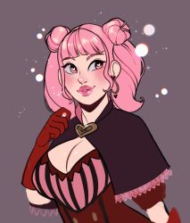 Rule 34 | 1girl, blush, breasts, cleavage, double bun, fire emblem, fire emblem: three houses, gloves, hair bun, heart, heart-shaped pupils, hilda valentine goneril, jewelry, nintendo, philiatrix, pink eyes, pink hair, red gloves, simple background, sparkle, symbol-shaped pupils