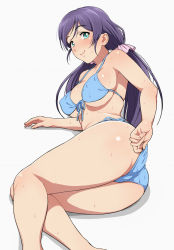 Rule 34 | 10s, 1girl, adjusting clothes, adjusting swimsuit, alternate costume, aqua eyes, ass, bare shoulders, bikini, blue bikini, breasts, covered erect nipples, front-tie bikini top, front-tie top, large breasts, light smile, long hair, looking at viewer, love live!, love live! school idol festival, love live! school idol project, lying, nigou, on side, purple hair, side-tie bikini bottom, simple background, smile, solo, stomach, swimsuit, thighs, tojo nozomi, trefoil, twintails, very long hair, wet, white background