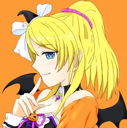 Rule 34 | 1girl, artist name, artist request, ayase eli, bare shoulders, bat wings, black choker, black detached collar, black dress, black hat, black wings, blonde hair, blue eyes, blush, bow, breasts, choker, cleavage, collarbone, crescent moon symbol, cross-laced clothes, cross-laced dress, crying, crying with eyes open, detached collar, diamond (gemstone), dress, female focus, finger to mouth, frilled dress, frills, hair between eyes, hair bow, hair ornament, hair scrunchie, halloween, hat, high ponytail, highres, jewelry, long hair, looking at viewer, looking to the side, love live!, love live! school idol festival, love live! school idol project, medium breasts, midriff, mini hat, moon print, navel, necklace, orange background, parted lips, pink ribbon, pink scrunchie, ponytail, puffy short sleeves, puffy sleeves, pumpkin print, ribbon, scrunchie, short hair, short sleeves, smile, solo, tears, teeth, upper body, which hat, white bow, white wrist cuffs, wing collar, wings, wrist cuffs